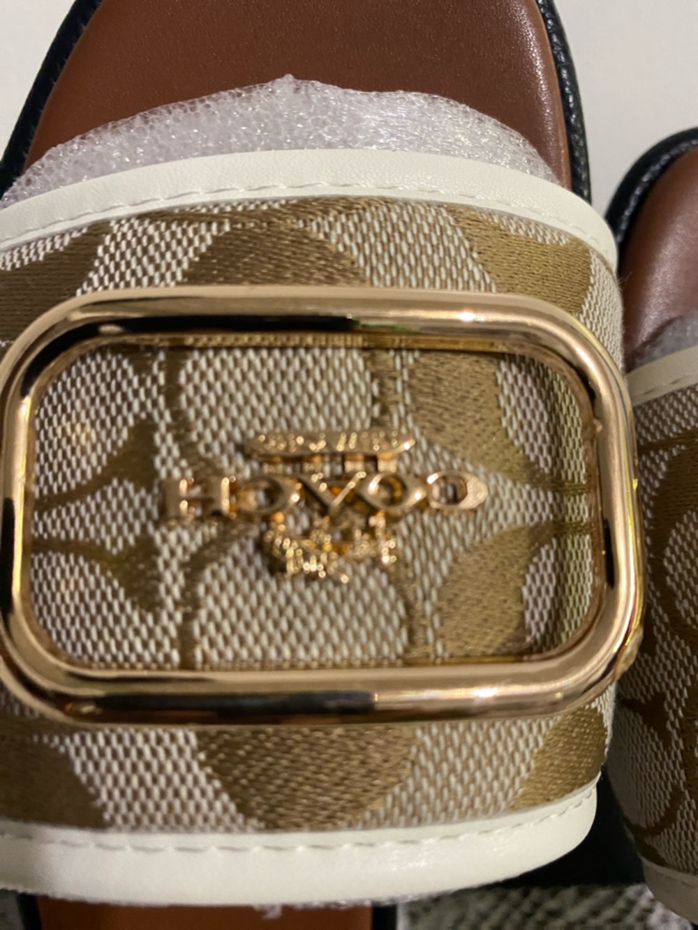 Coach Signature Slide Sandals in Beige and White with Gold Accent - Picture 3 of 9